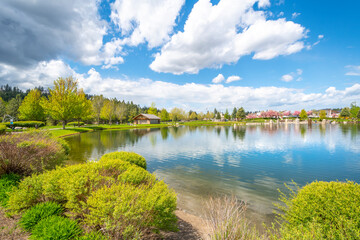 Riverstone public park and lake during spring in the Riverstone commercial development in downtown Coeur d'Alene, Idaho, USA	