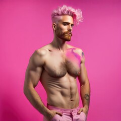 Fototapeta premium Attractive man with pink hair over pink background, Generative Ai