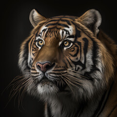Fototapeta na wymiar Portrait of a male lion with dark mane, closeup. Generative AI