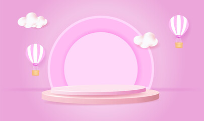 Realistic pink 3D cylindrical pedestal podium with clouds and balloons. Pastel minimal scene for product exhibition, promotion display. Abstract studio room platform design