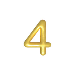 4 four number gold isolated. Gold yellow metallic numbers. Foil symbol. Bright metallic 3D, realistic vector illustration
