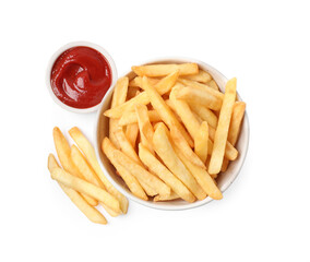 Bowl with tasty French fries and ketchup on white background, top view