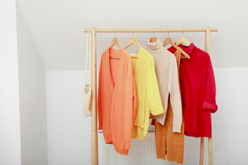 Stylish clothes hanging on rack in living room