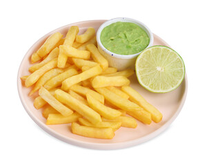 Plate with delicious french fries, avocado dip and lime isolated on white