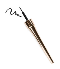 Black eyeliner and stroke on white background, top view. Makeup product