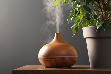 Air humidifier near houseplant on wooden table against grey wall. Space for text