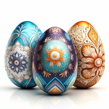 Illustration of Three Colorful Painted, Dyed, Decorated Eggs Suitable for Easter, Ukraine, Croatia, Pysanky, Isolated on White, Made in Part with Generative AI
