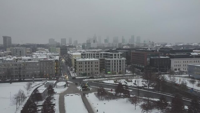 Drone video of warsaw city skyline on a snowy and foggy day5