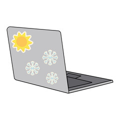 Isometric laptop with bright stickers on the cover of the sun and snowflake. Sticker. Icon. Isolate