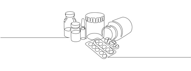 One continuous line drawing of medicine set with pills. Pharmaceutical components and capsules in a blister pack with drug symbols in a simple linear style. Editable stroke. Doodle vector illustration © Olga Rai