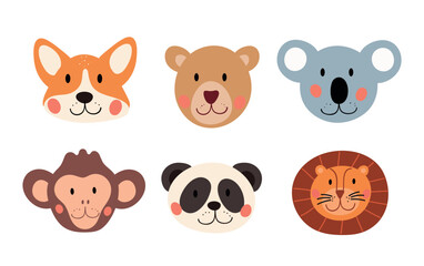 Cute animals heads set. Fox, bear, koala, monkey, panda and lion. Collection of stockers for social networks and instant messengers. Cartoon flat vector illustrations isolated on white background