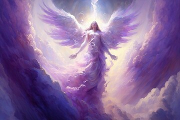 Angel of the Violet Flame, AI Generated Angel surrounded by Purple Light in the Clouds - obrazy, fototapety, plakaty