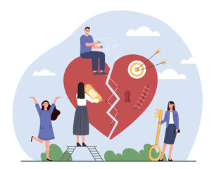People with broken heart. Psychological problems and mental health, depression and frustration. Friends support. Failuire in relationships. Love and divorce. Cartoon flat vector illustration