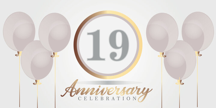 Vector 19th year anniversary celebration background. gray and gold color numbers and text with balloons.
