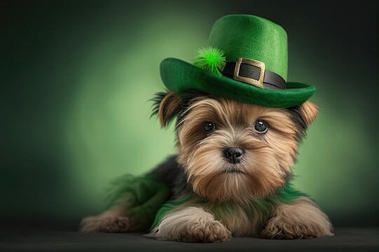 Happy St. Patrick's Day cute puppy ideas and bright green leprechaun hats in the studio for parties. AI-generated images