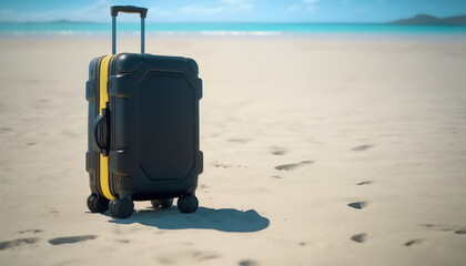A sleek black suitcase for an island getaway by the sea