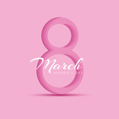 Obraz premium 8 March greeting card for International Womens Day. 3d paper cut number 8 with paper cut style flowers , Pink background. Vector illustration.