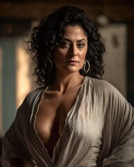 Very sexy serious mature Hispanic woman in lingerie looking at the camera. Generative AI