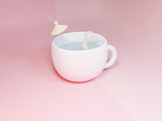 Summer, concept, illustration, woman, pink, background, coffee, icon, 3D
