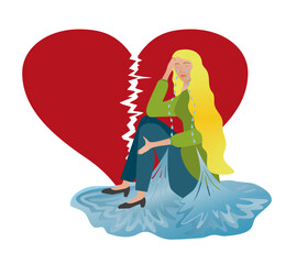 Woman crying with tears falling down and makes a puddle of water. Broken heart in background. Isolated on white. Vector illustration.