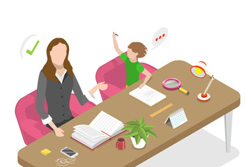 3D Isometric Flat  Conceptual Illustration of Helping Kids With Homework