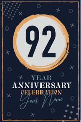 92 years anniversary invitation card. celebration template modern design elements dark blue background - vector illustration