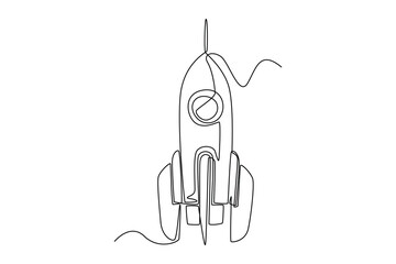 Continuous one line drawing rocket. Outer space concept. Single line draw design vector graphic illustration.