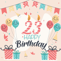 Vector 23rd happy birthday vector design for greeting cards and poster with balloon and gift box design.