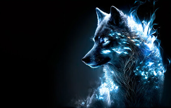 Wolf in the night, A drawing of a wolf highlighted with ice blue bright flames on black background.  Image created with generative ai