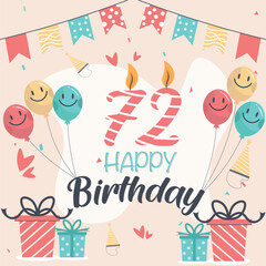 Vector 72nd happy birthday vector design for greeting cards and poster with balloon and gift box design.