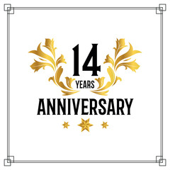 Vector 14th anniversary logo  luxurious golden and black color vector design celebration