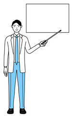 ホワイトボードを指示棒で指す白衣を着た男性医師