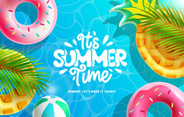 Summer time vector background. It's summer time text with beach ball, pineapple and donut floater in pool background. Vector illustration summer season greeting. - obrazy, fototapety, plakaty