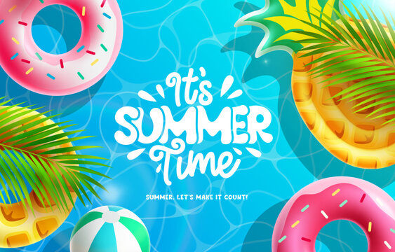 Summer time vector background. It's summer time text with beach ball, pineapple and donut floater in pool background. Vector illustration summer season greeting. - Powered by Adobe