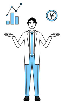 DXのイメージ、業績と売上の向上を案内する白衣を着た男性医師