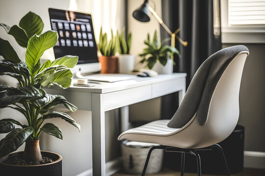 home office interior concept design features a beautiful natural plant that creates a soothing and calming atmosphere. With neutral colors, and large windows, this modern and minimalist Generative AI