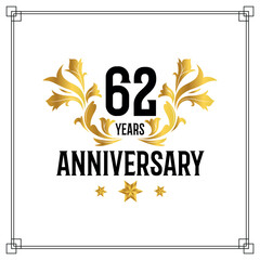 Vector 62nd anniversary logo  luxurious golden and black color vector design celebration