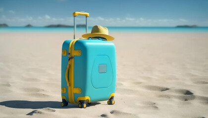 A beach vacation essential - a blue suitcase ready for adventure