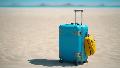 A beachside scene with a single blue suitcase, waiting to be filled with memories