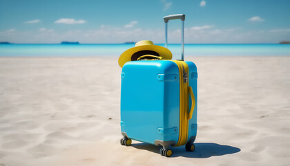 A blue suitcase resting on the sandy beach