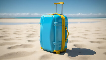 A blue suitcase waiting to be unpacked on a beach getaway