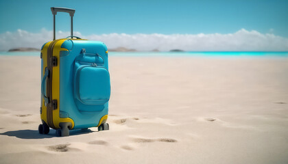 A blue suitcase, packed and ready for a beach holiday