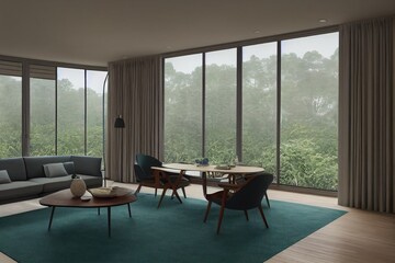 Fototapeta na wymiar Interior of Mid Century Modern Family Room with Jungle Views in Spring Made with Generative AI