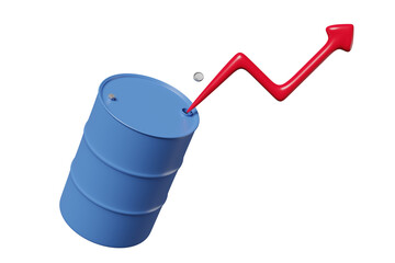 arrow graph 3d with blue oil barrel icon isolated. petroleum oil industry, oil market business, 200 liters oil tank concept, 3d render illustration