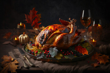 Roasted chicken, table setting. Christmas dinner. Generative AI	