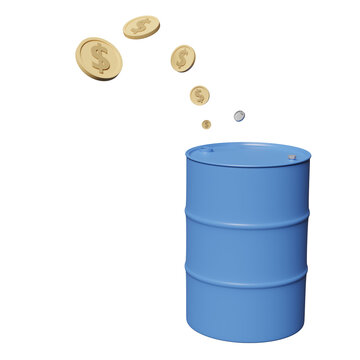 3D blue oil barrel with money dollar coin icon isolated. 200 liters oil tank, petroleum oil industry, oil market business concept, 3d render illustration