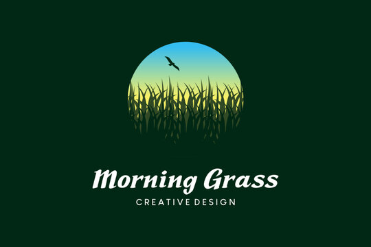 Morning grass logo template design, green grass vector illustration