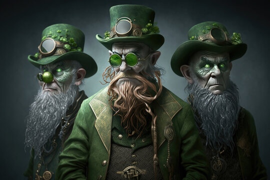 Scary leprechauns, leprechaun with green hats and pots of gold, St. Patricks Day, lucky, Irish, green, gold, coins