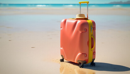A red suitcase waiting for a day of exploration on the beach