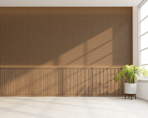 Japanese style empty room decorated with wood grating wall and wooden slats wall, white concrete floor. 3d rendering
